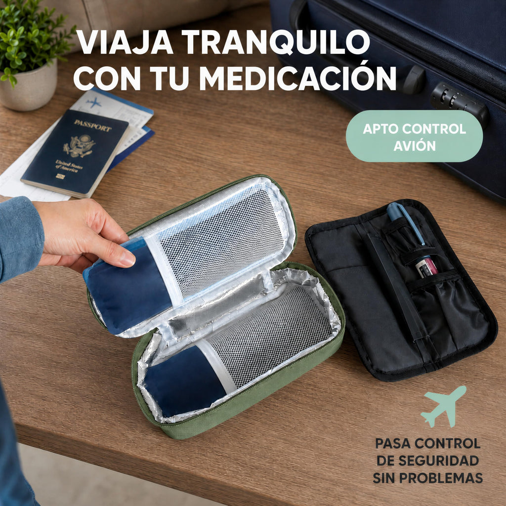 Estuche organizador verde para insulina, apto para control del avión