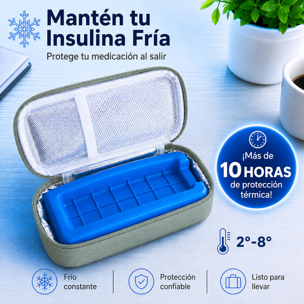 Estuche verde para insulina con bloque de hielo, protección térmica 2-8°