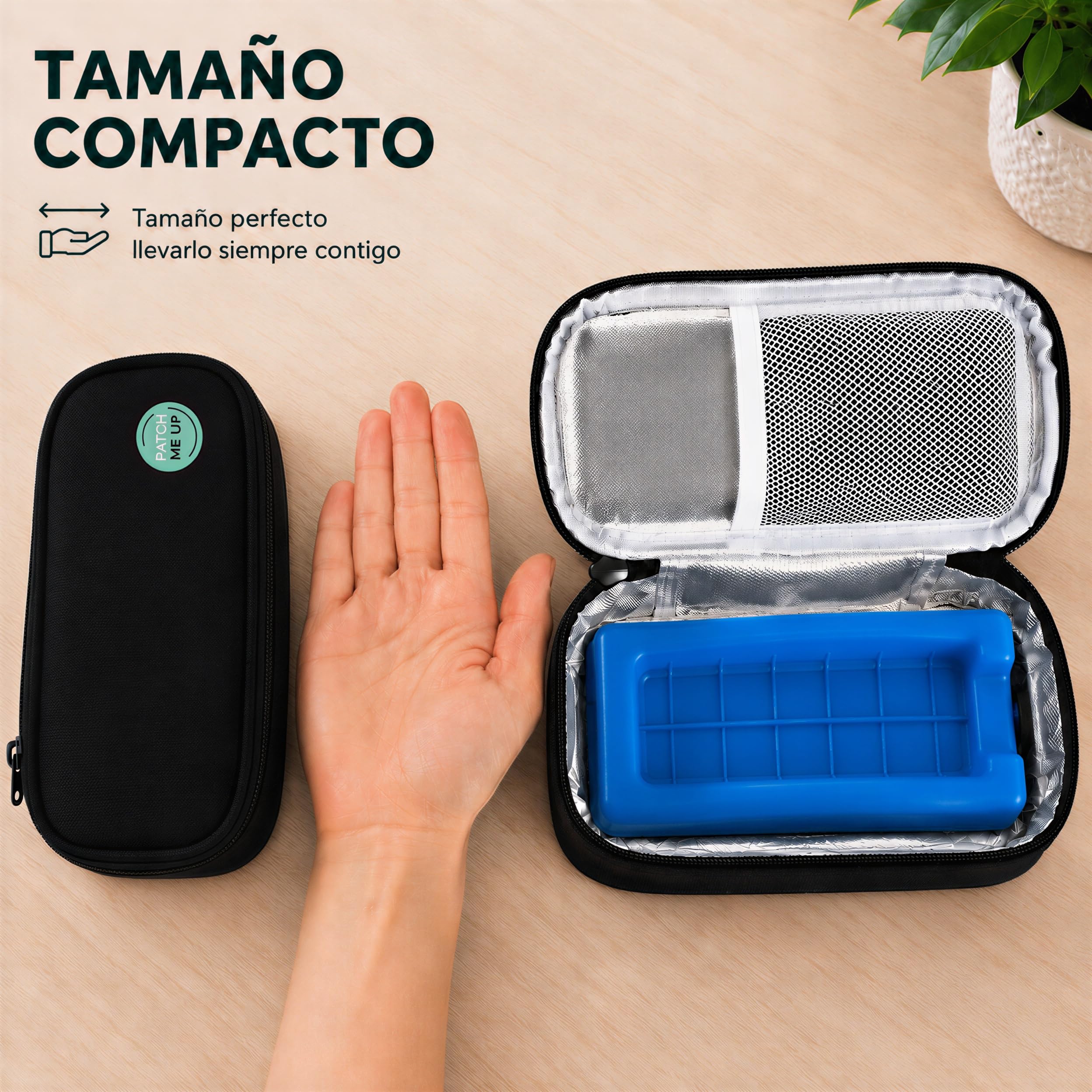 Nevera para insulina negra con bloque de hielo y funda de piel