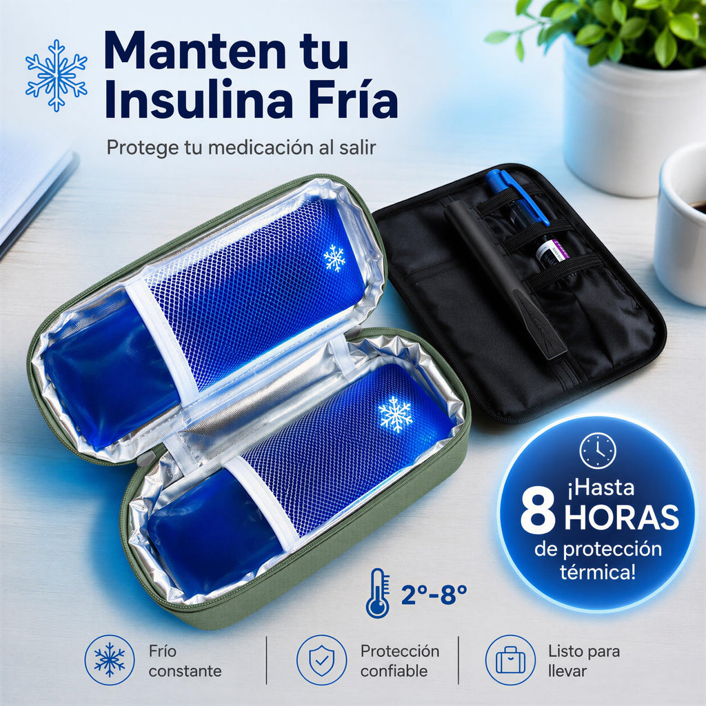 Estuche verde para insulina con bolsas de gel refrigerante, 2-8°