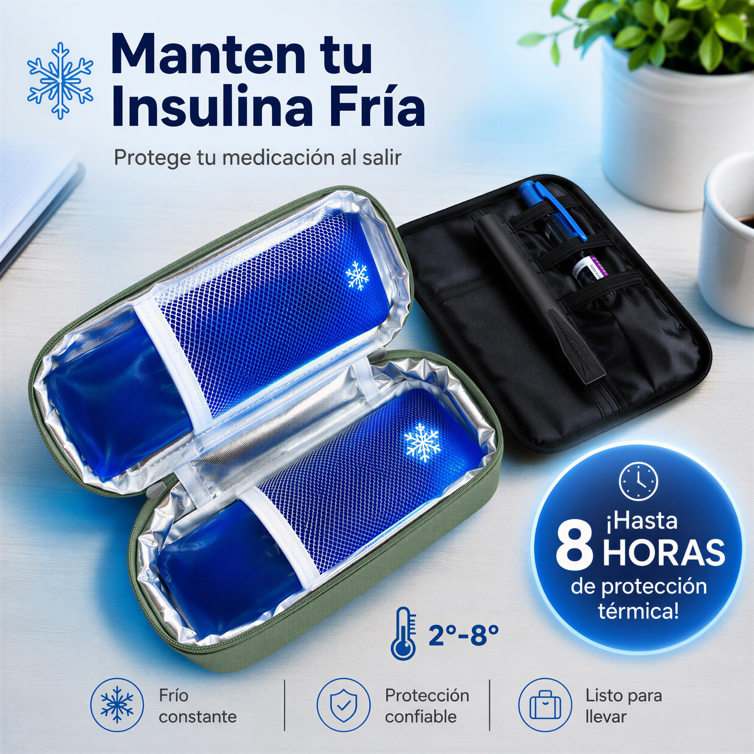 Estuche verde para insulina con bolsas de gel refrigerante, 2-8°