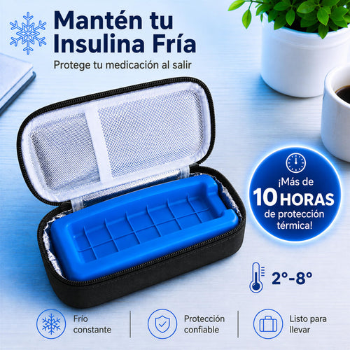 Estuche negro para insulina con bloque de hielo, protección térmica 2-8°