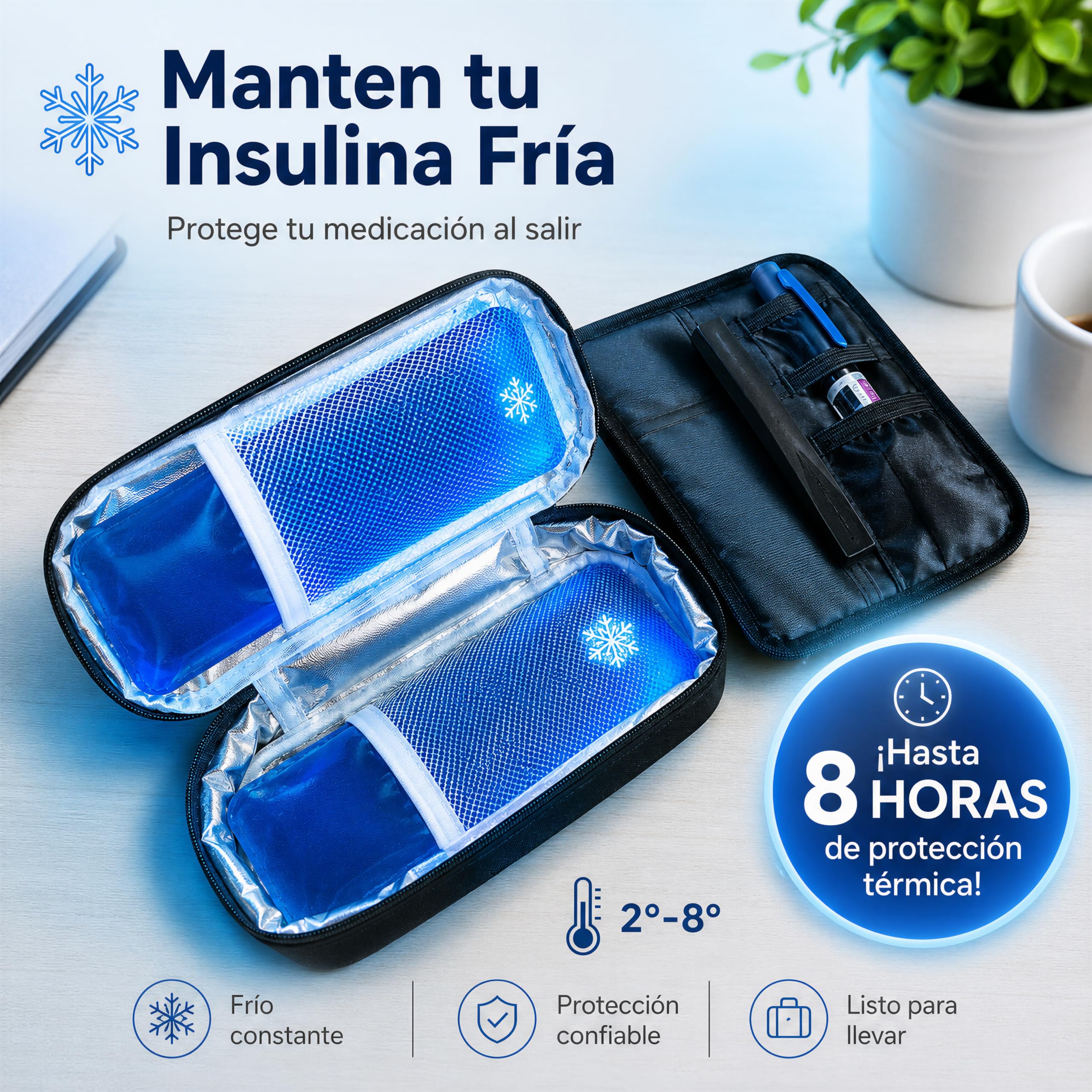 Estuche para insulina con bolsas de gel refrigerante, 2-8°
