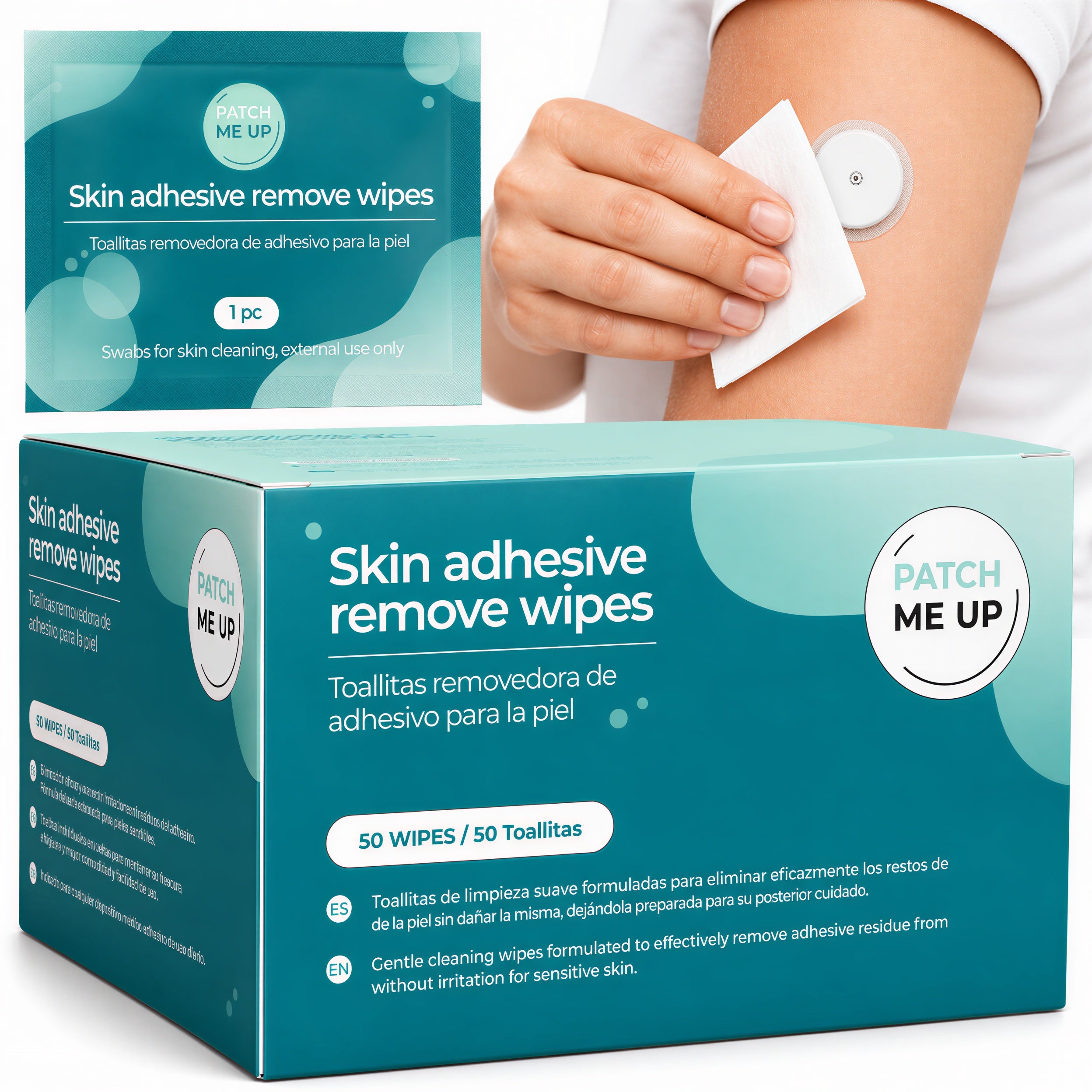 Toallitas removedoras de adhesivo con Aloe Vera Patch Me Up, caja de 50 unidades