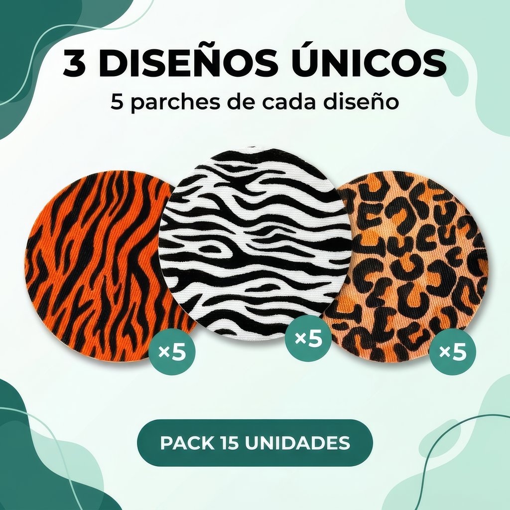 3 diseños únicos: tigre, cebra y leopardo, 5 parches de cada diseño - pack 15 unidades