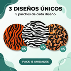 3 diseños únicos: tigre, cebra y leopardo, 5 parches de cada diseño - pack 15 unidades
