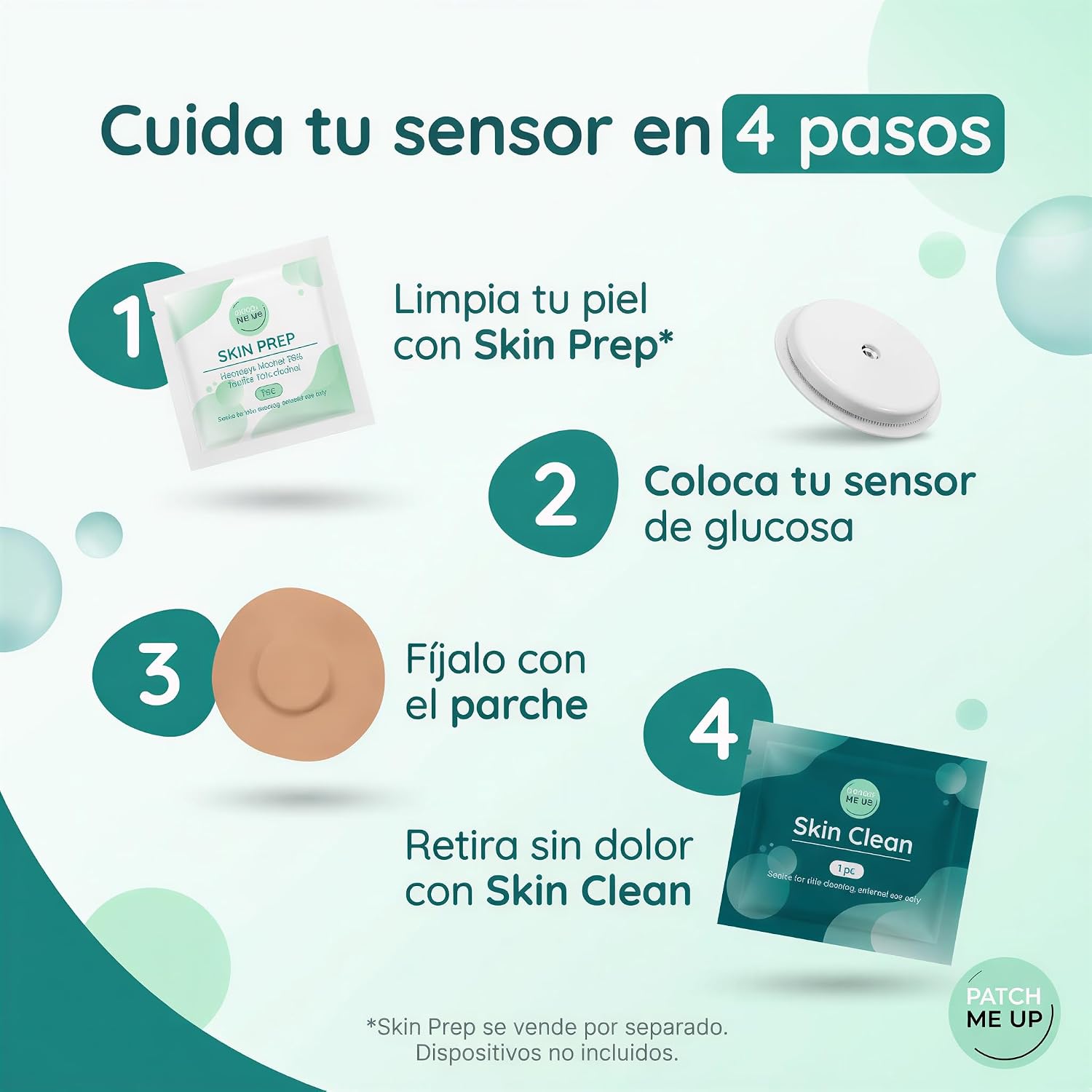 Cuida tu sensor en 4 pasos: limpia con Skin Prep, coloca el sensor, fíjalo con el parche y retira con Skin Clean