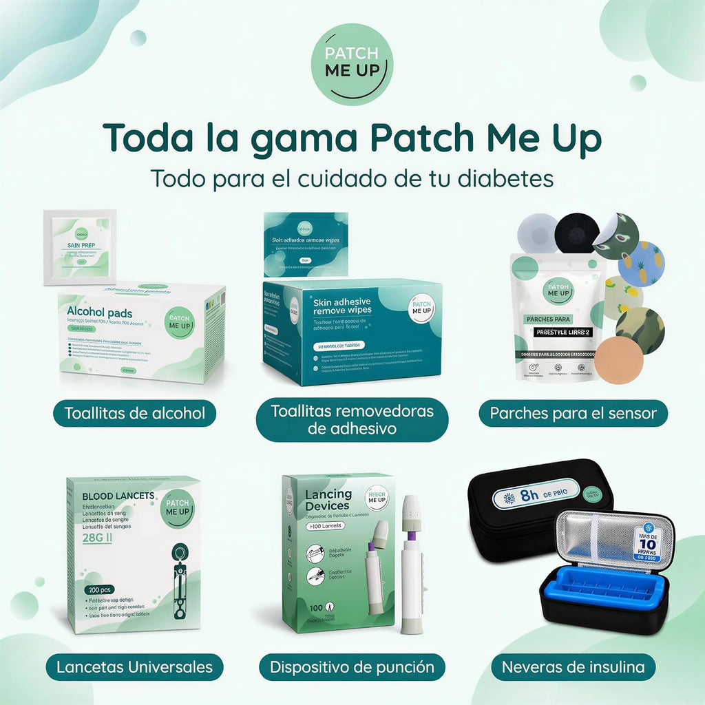 Toda la gama Patch Me Up: toallitas, parches, lancetas, dispositivo de punción y neveras de insulina