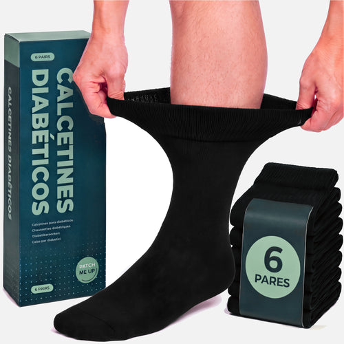 Calcetines para diabéticos Patch Me Up sin goma: el puño se estira con las dos manos sin apretar, caja de 6 pares en negro